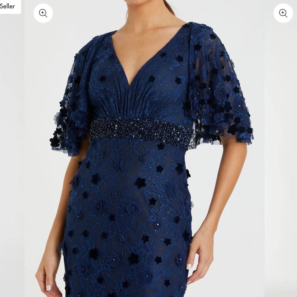 Mac Duggal Embellished Blue Maxi Gown Dress sz 4 Floral Cape style sleeve 67712 - Picture 8 of 8